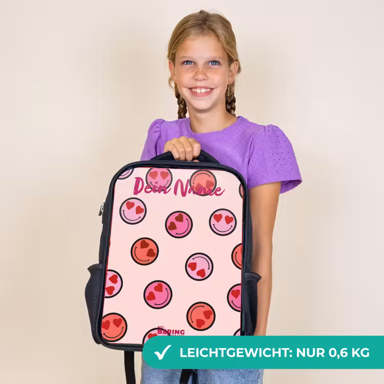 Kinderrucksack mit Namen - Schwarz - Herz - Smiley - Muster — 7
