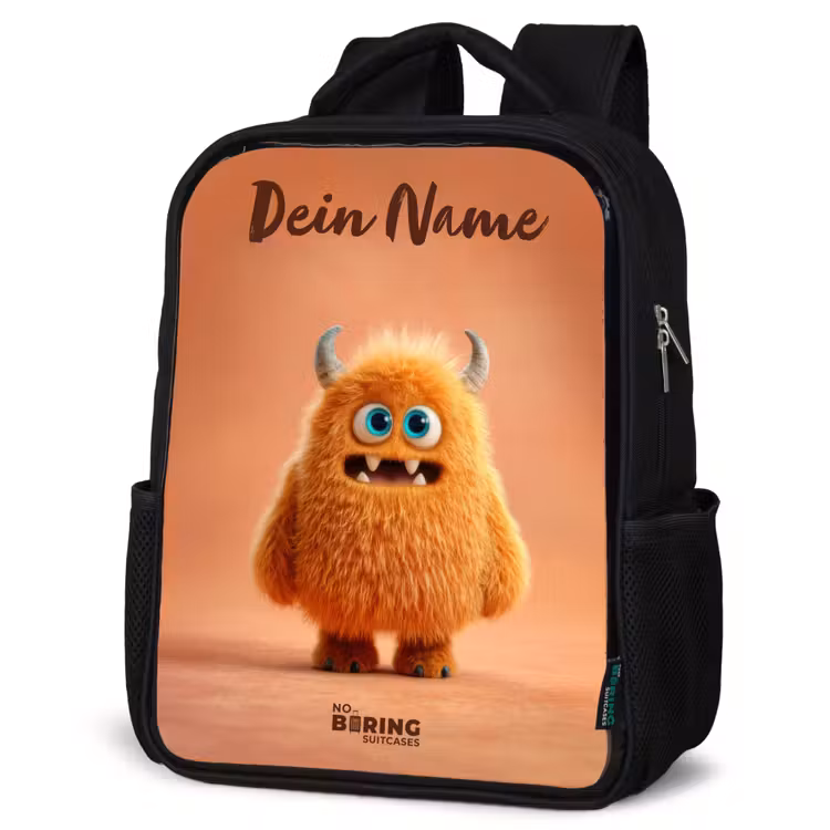 Kinderrucksack mit Namen - Schwarz - Orangefarbenes flauschiges Monster mit Hörnern — 4