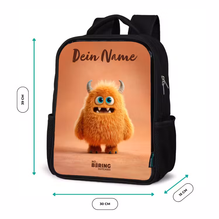 Kinderrucksack mit Namen - Schwarz - Orangefarbenes flauschiges Monster mit Hörnern — 6