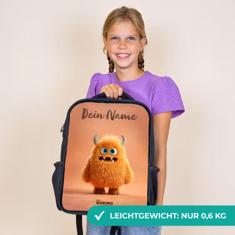 Kinderrucksack mit Namen - Schwarz - Orangefarbenes flauschiges Monster mit Hörnern — 7