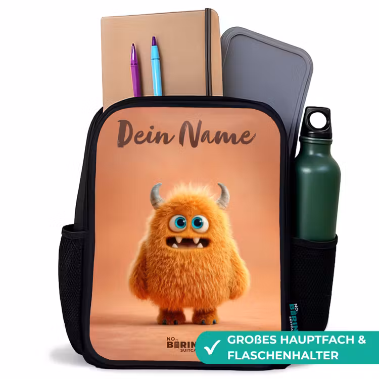 Kinderrucksack mit Namen - Schwarz - Orangefarbenes flauschiges Monster mit Hörnern — 8