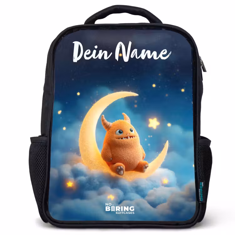 Kinderrucksack mit Namen - Schwarz - Orangefarbenes Ungeheuer auf Mondsichel — 1