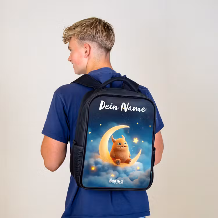 Kinderrucksack mit Namen - Schwarz - Orangefarbenes Ungeheuer auf Mondsichel — 3