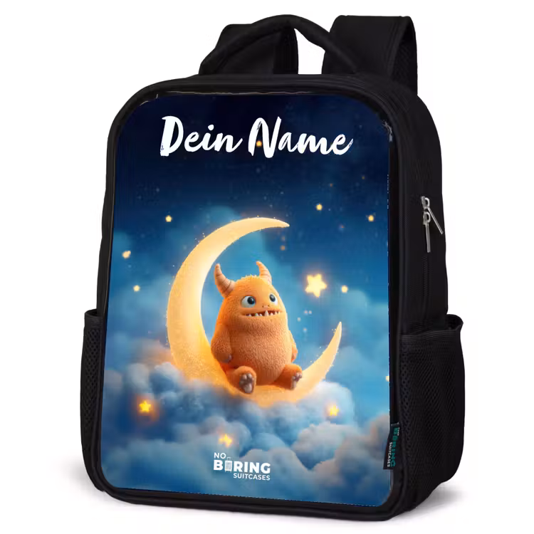 Kinderrucksack mit Namen - Schwarz - Orangefarbenes Ungeheuer auf Mondsichel — 4