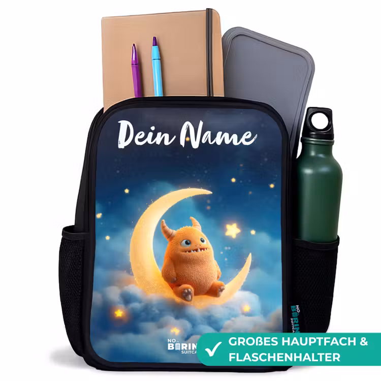 Kinderrucksack mit Namen - Schwarz - Orangefarbenes Ungeheuer auf Mondsichel — 8