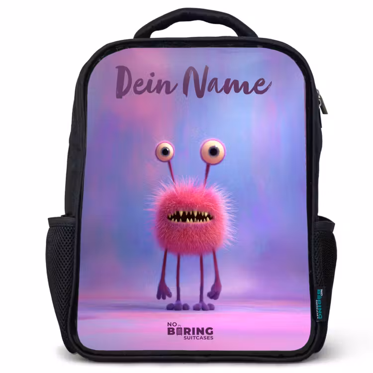 Kinderrucksack mit Namen - Schwarz - Rosa pelziges Monster mit großen Augen — 1