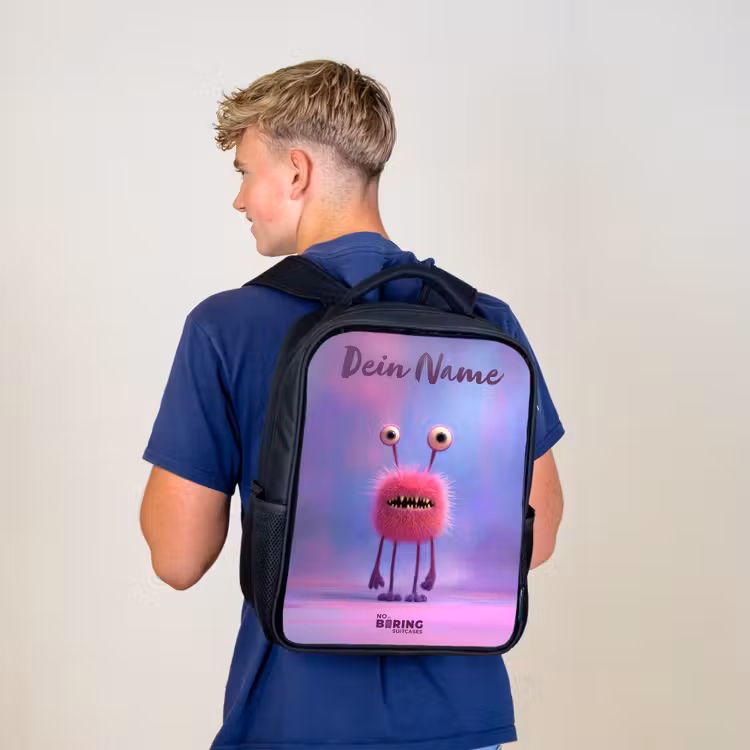 Kinderrucksack mit Namen - Schwarz - Rosa pelziges Monster mit großen Augen — 3