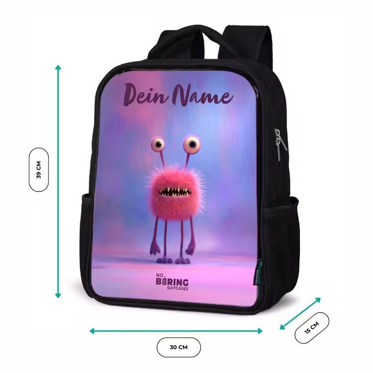 Kinderrucksack mit Namen - Schwarz - Rosa pelziges Monster mit großen Augen — 6