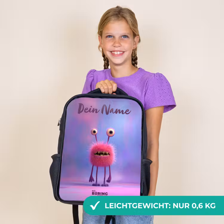 Kinderrucksack mit Namen - Schwarz - Rosa pelziges Monster mit großen Augen — 7