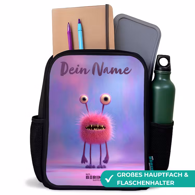 Kinderrucksack mit Namen - Schwarz - Rosa pelziges Monster mit großen Augen — 8