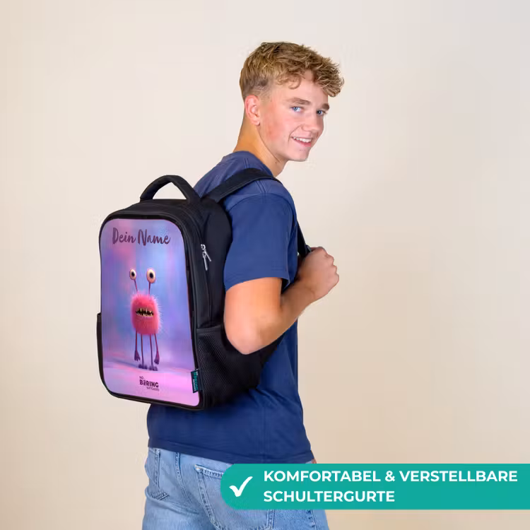 Kinderrucksack mit Namen - Schwarz - Rosa pelziges Monster mit großen Augen — 9