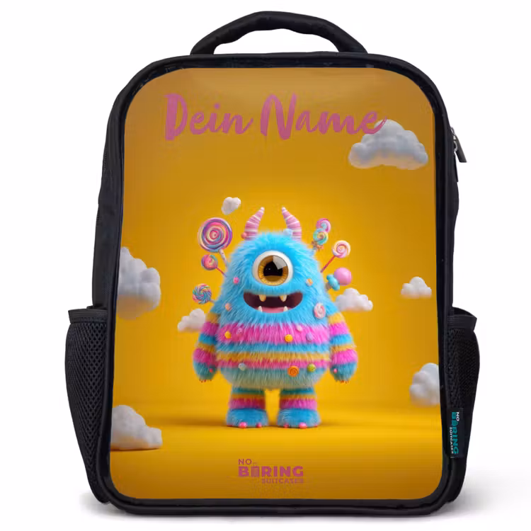 Kinderrucksack mit Namen - Schwarz - Süßigkeiten - Monster - Regenbogen — 1