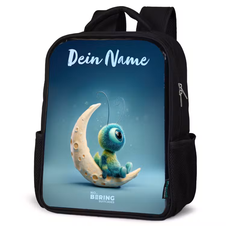 Kinderrucksack mit Namen - Schwarz - Verträumte Kreatur auf dem Mond — 4