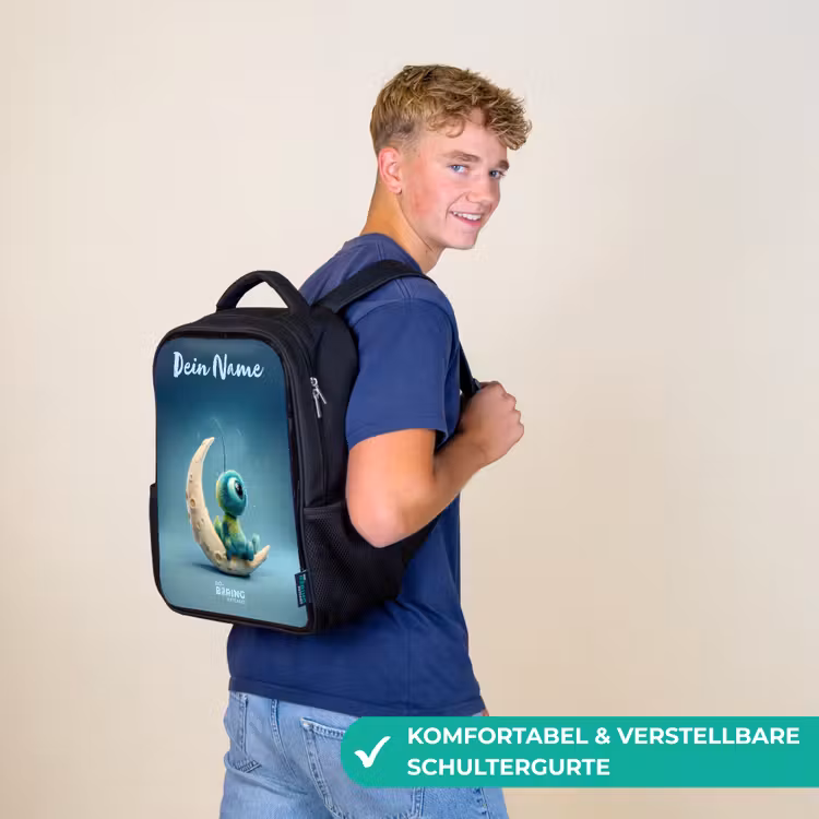 Kinderrucksack mit Namen - Schwarz - Verträumte Kreatur auf dem Mond — 9