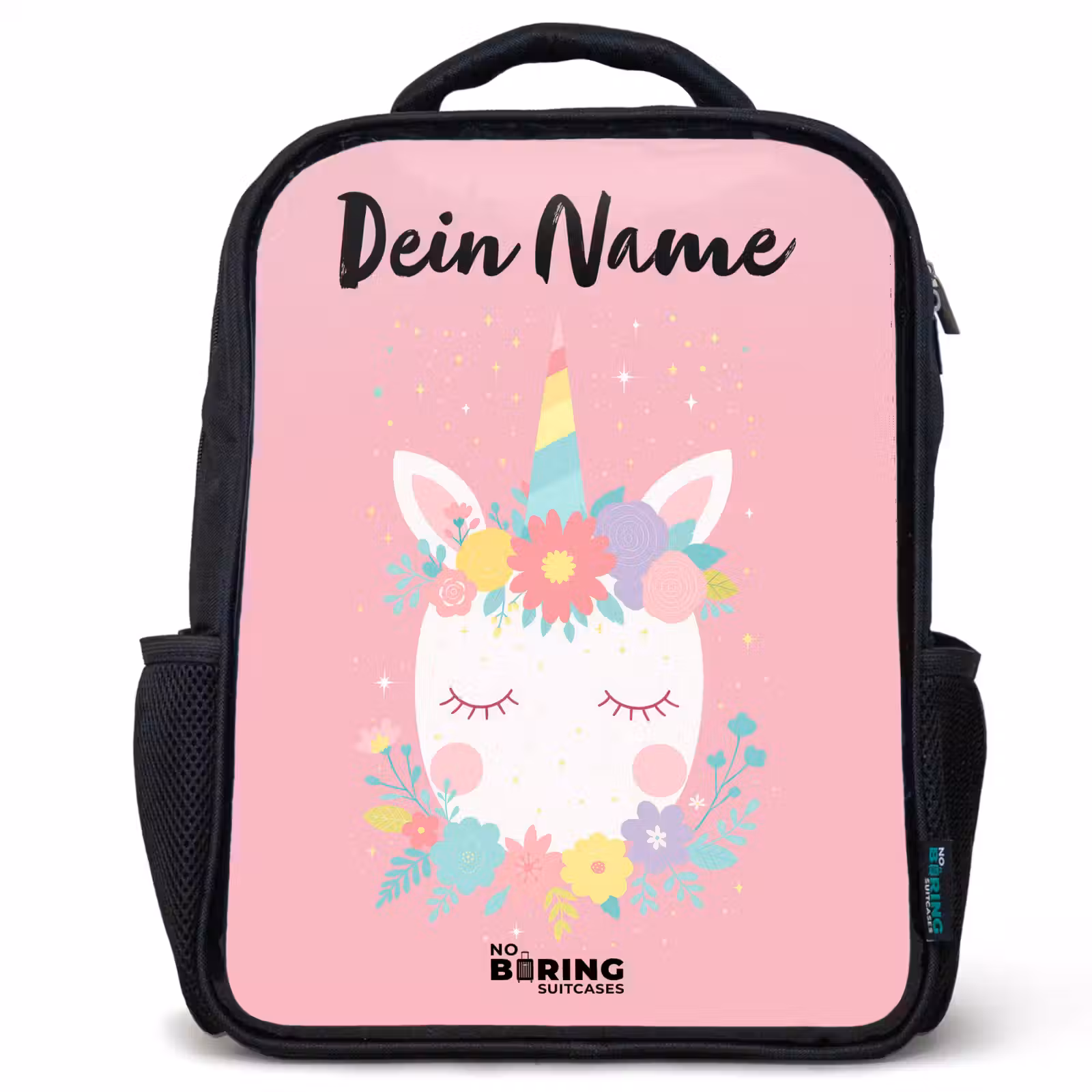 Kinderrucksack mit Namen - Schwarz - Einhorn - Blumen - Rosa — 1
