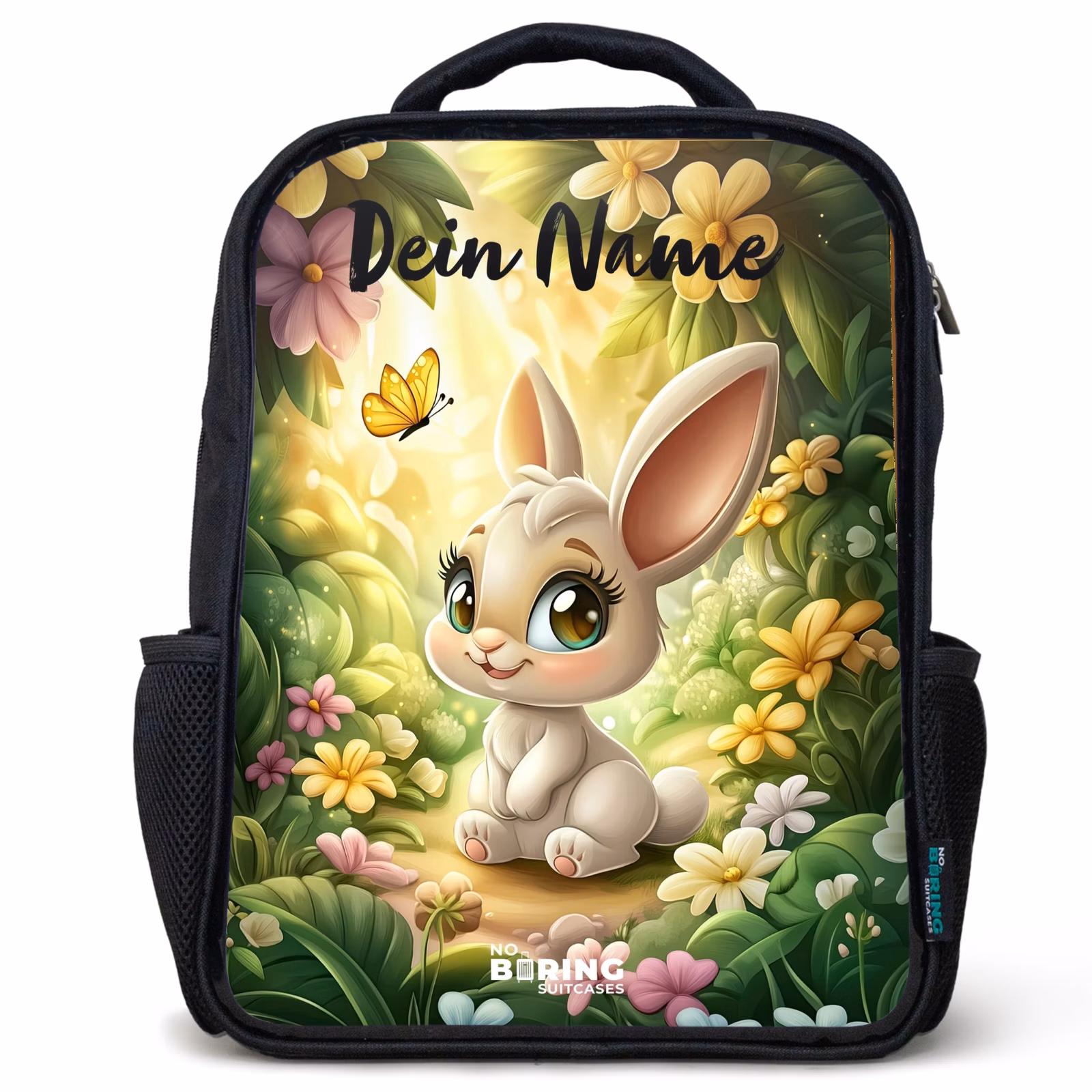Kinderrucksack mit Namen - Schwarz - Kaninchen - Sonnenlicht - Märchen - Schmetterling — 1