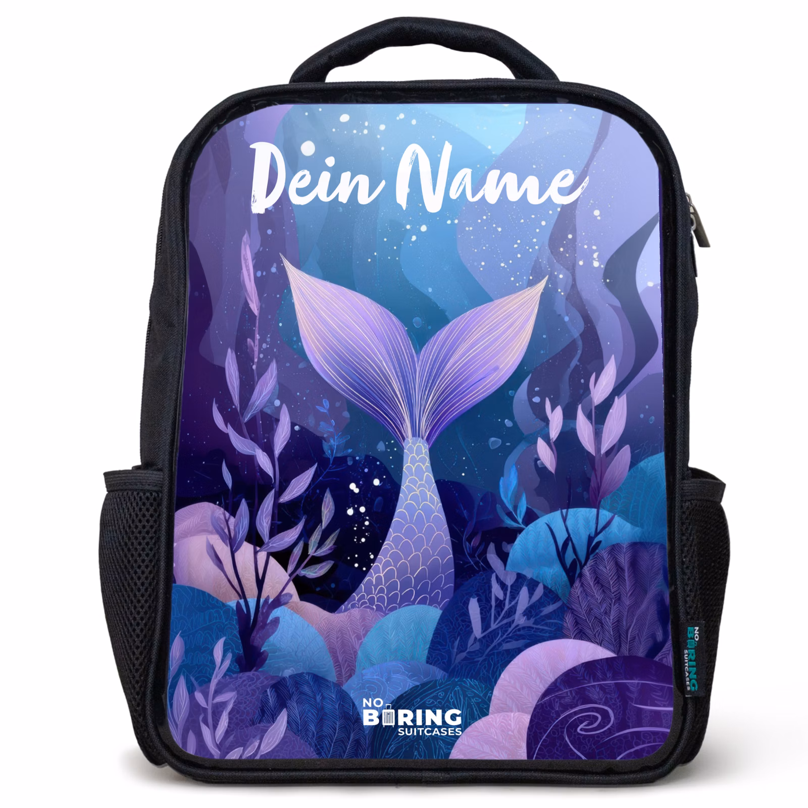 Kinderrucksack mit Namen - Schwarz - Meerjungfrau - Unterwasser - Lila - Blau — 1