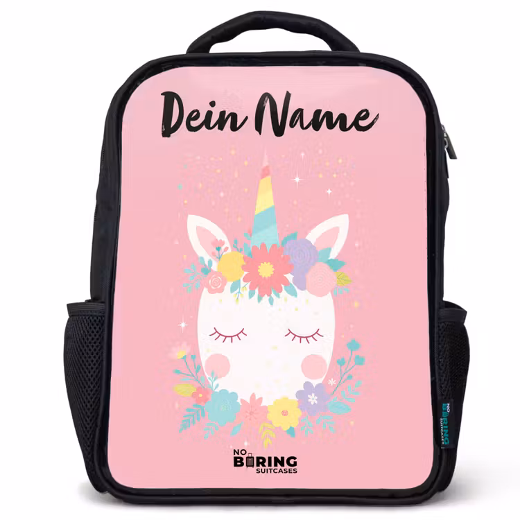 Kinderrucksack mit Namen - Schwarz - Einhorn - Blumen - Rosa — 1