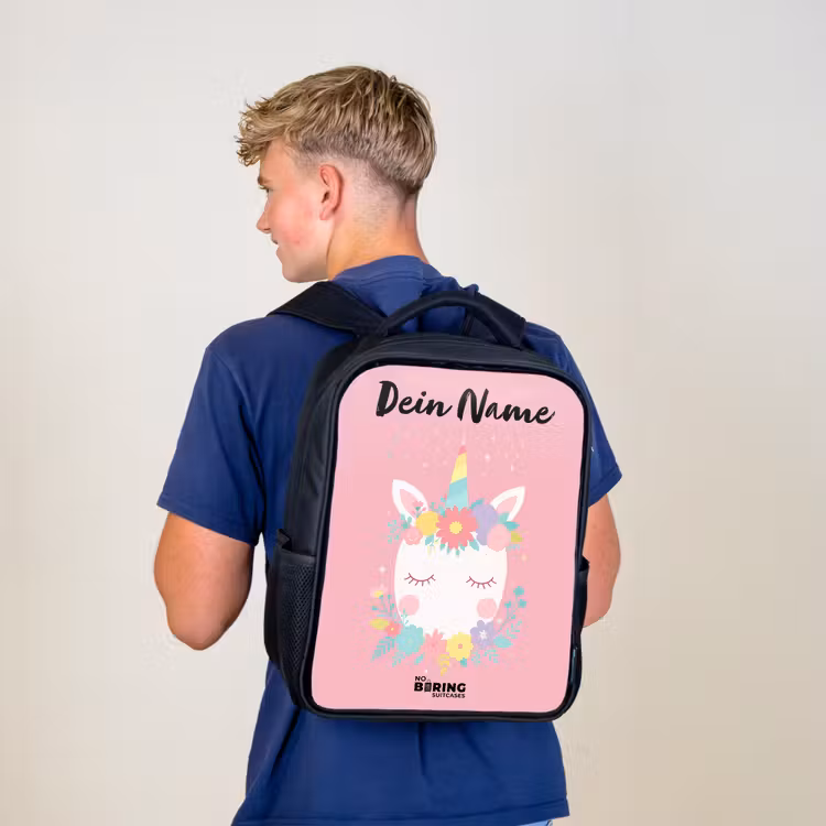 Kinderrucksack mit Namen - Schwarz - Einhorn - Blumen - Rosa — 3