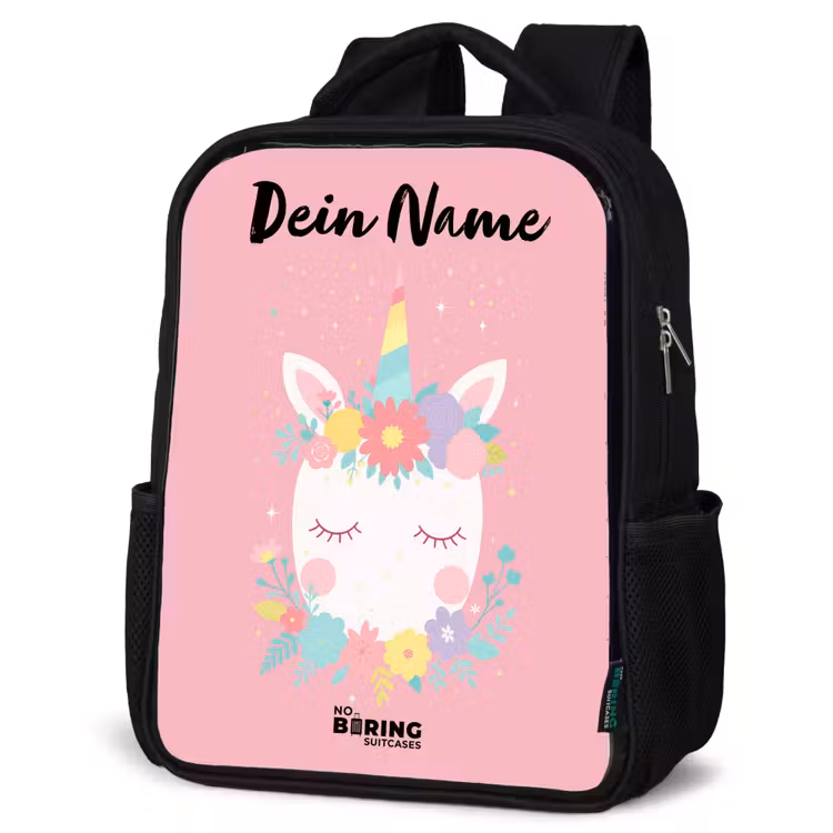 Kinderrucksack mit Namen - Schwarz - Einhorn - Blumen - Rosa — 4