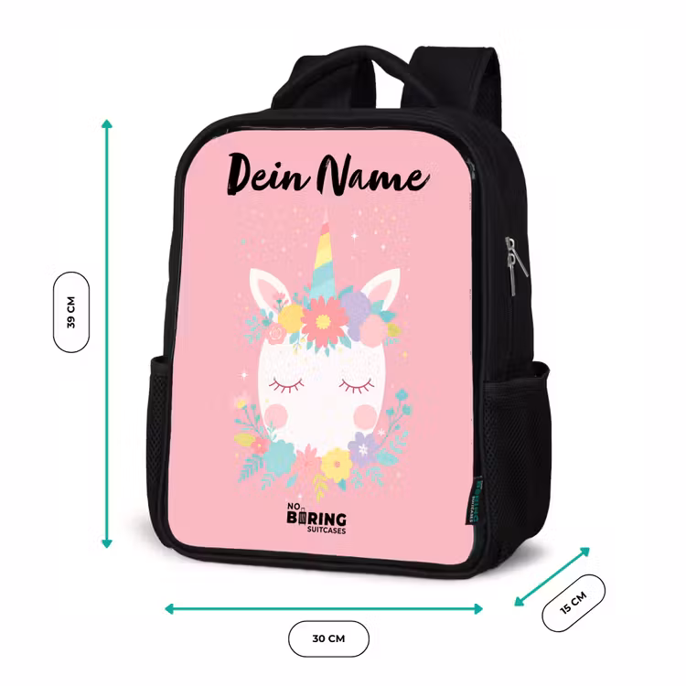 Kinderrucksack mit Namen - Schwarz - Einhorn - Blumen - Rosa — 6