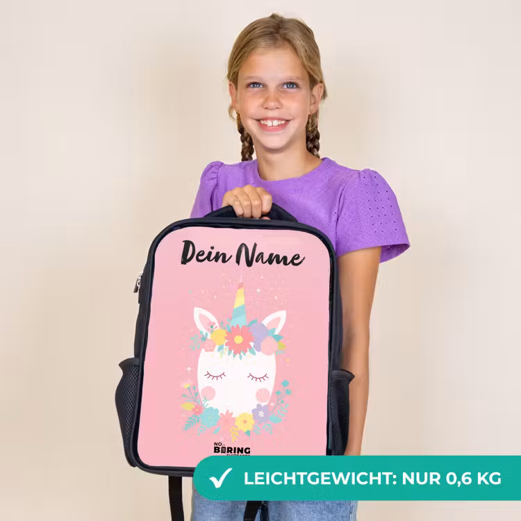 Kinderrucksack mit Namen - Schwarz - Einhorn - Blumen - Rosa — 7