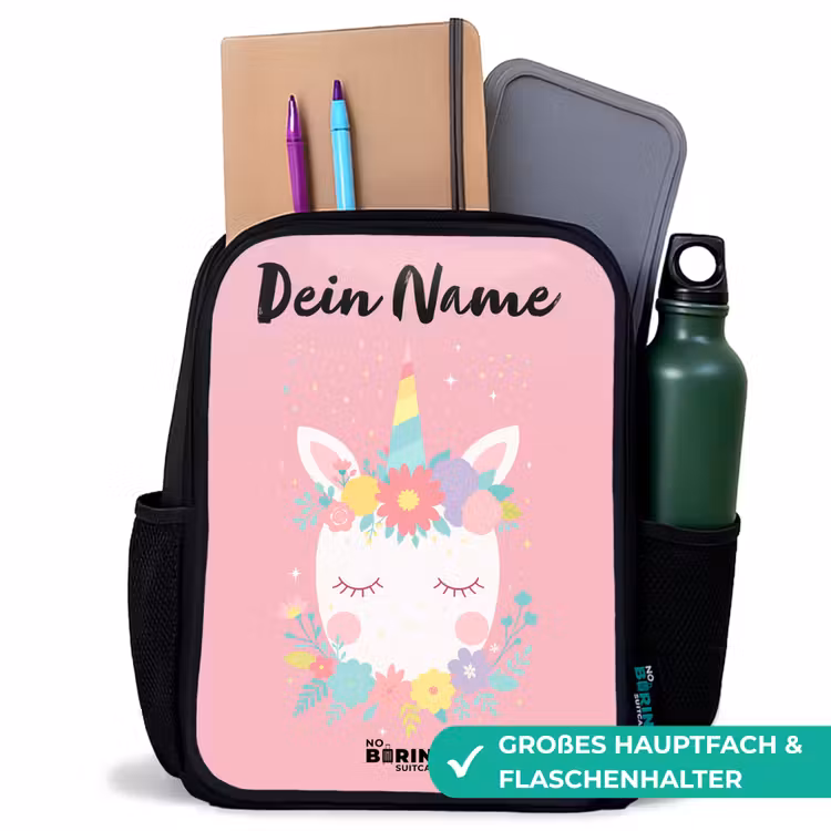 Kinderrucksack mit Namen - Schwarz - Einhorn - Blumen - Rosa — 8