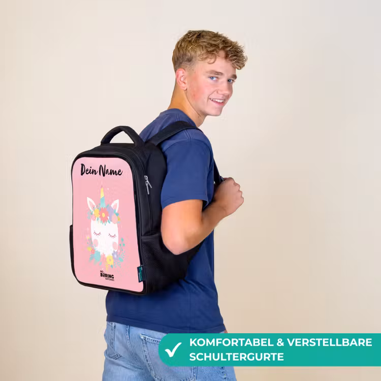 Kinderrucksack mit Namen - Schwarz - Einhorn - Blumen - Rosa — 9