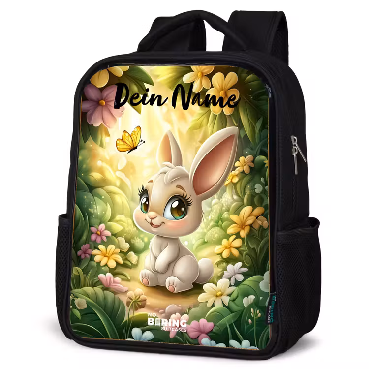 Kinderrucksack mit Namen - Schwarz - Kaninchen - Sonnenlicht - Märchen - Schmetterling — 4