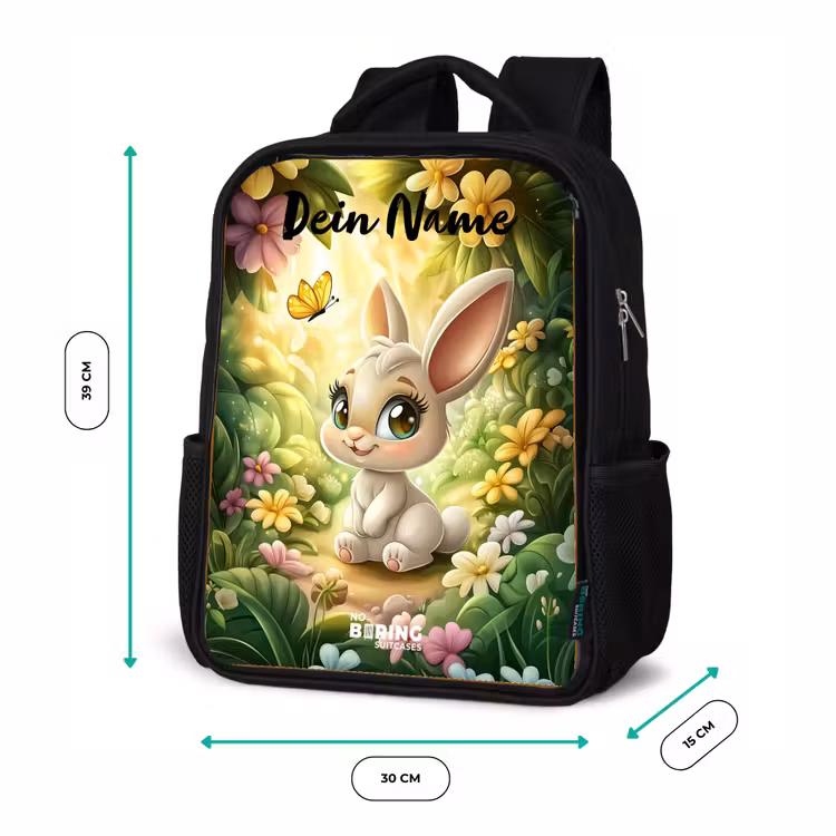 Kinderrucksack mit Namen - Schwarz - Kaninchen - Sonnenlicht - Märchen - Schmetterling — 6