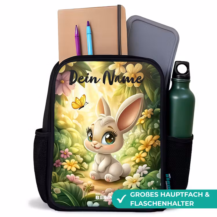 Kinderrucksack mit Namen - Schwarz - Kaninchen - Sonnenlicht - Märchen - Schmetterling — 8