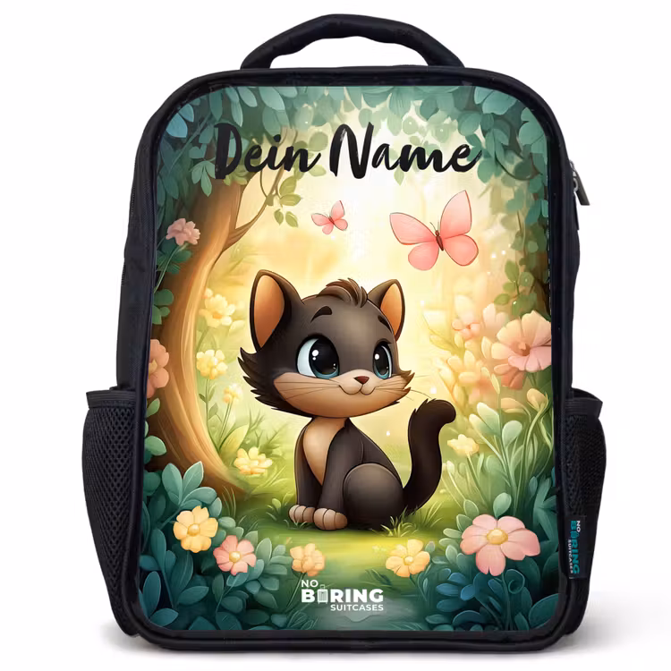 Kinderrucksack mit Namen - Schwarz - Katze - Schmetterling - Blumen — 1