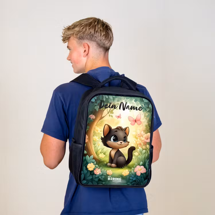 Kinderrucksack mit Namen - Schwarz - Katze - Schmetterling - Blumen — 3