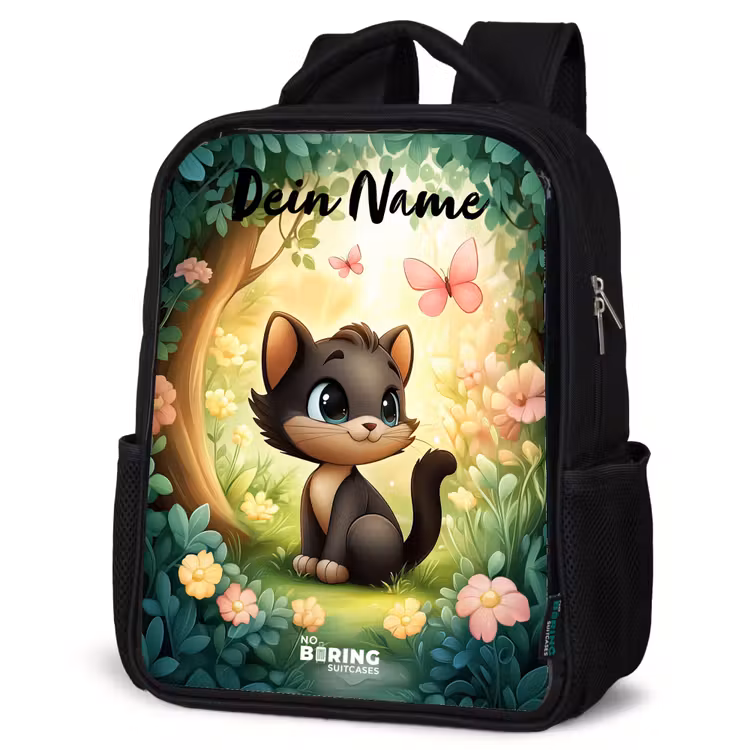 Kinderrucksack mit Namen - Schwarz - Katze - Schmetterling - Blumen — 4