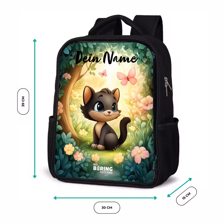 Kinderrucksack mit Namen - Schwarz - Katze - Schmetterling - Blumen — 6