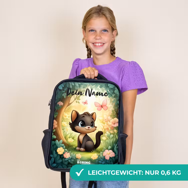 Kinderrucksack mit Namen - Schwarz - Katze - Schmetterling - Blumen — 7
