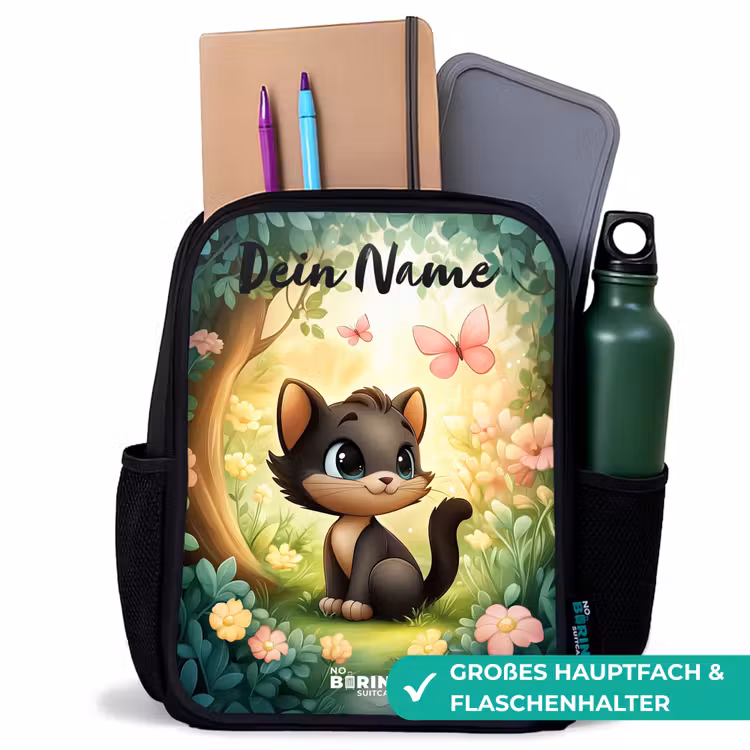 Kinderrucksack mit Namen - Schwarz - Katze - Schmetterling - Blumen — 8