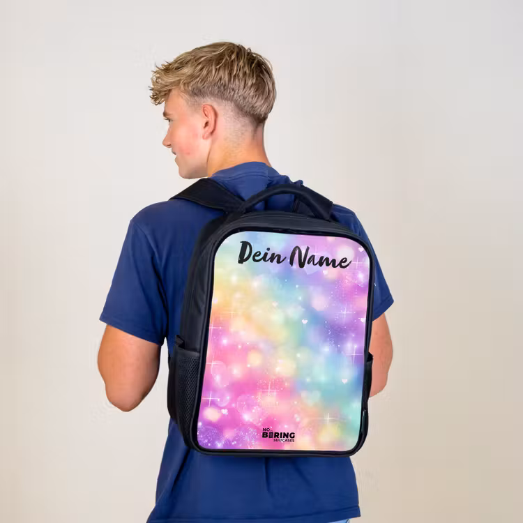 Kinderrucksack mit Namen - Schwarz - Licht - Regenbogen - Herzen — 3