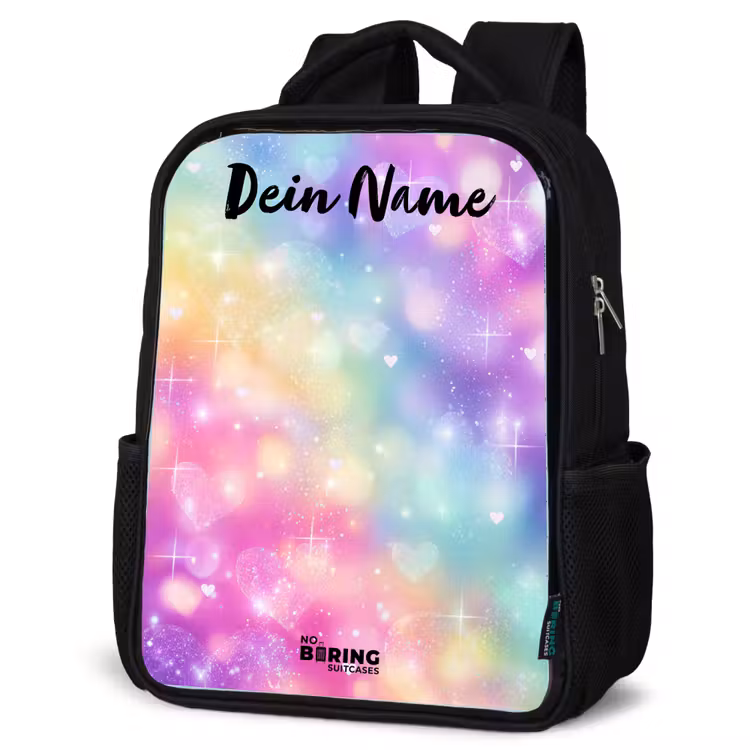Kinderrucksack mit Namen - Schwarz - Licht - Regenbogen - Herzen — 4