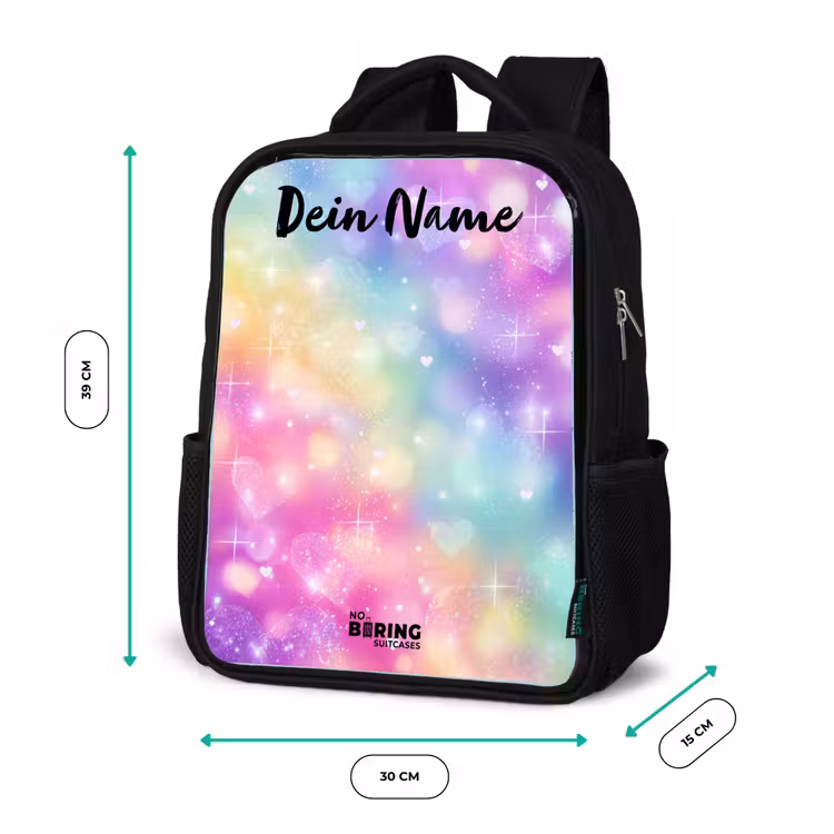 Kinderrucksack mit Namen - Schwarz - Licht - Regenbogen - Herzen — 6