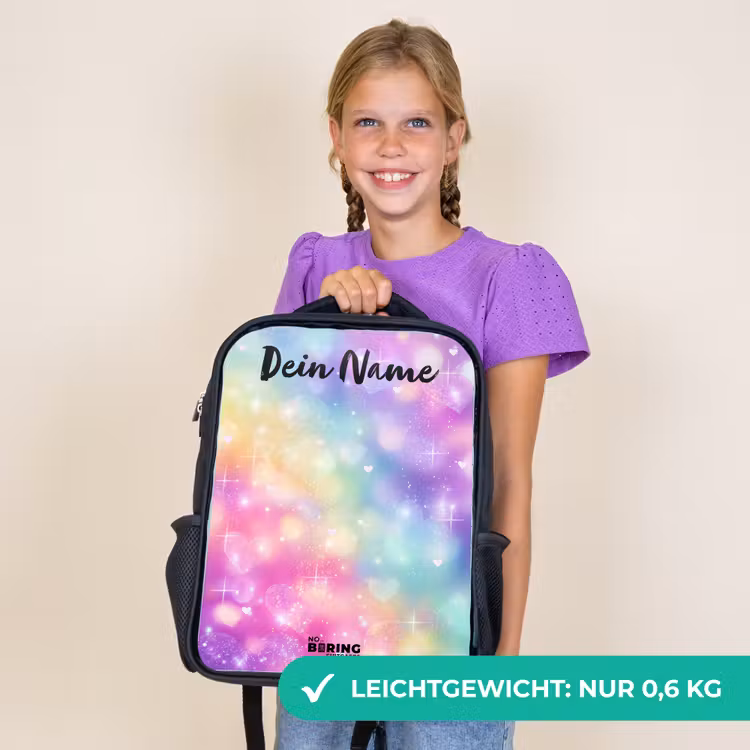 Kinderrucksack mit Namen - Schwarz - Licht - Regenbogen - Herzen — 7