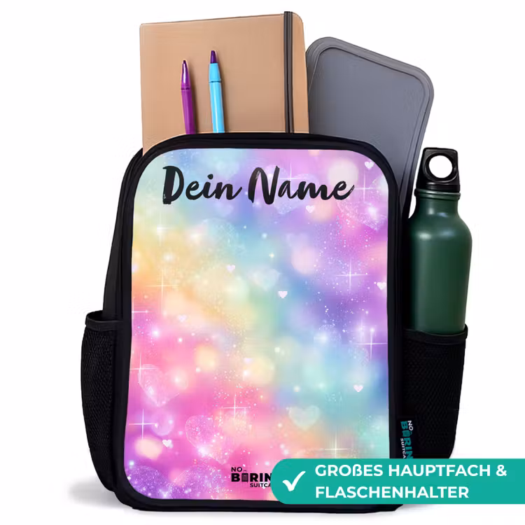 Kinderrucksack mit Namen - Schwarz - Licht - Regenbogen - Herzen — 8