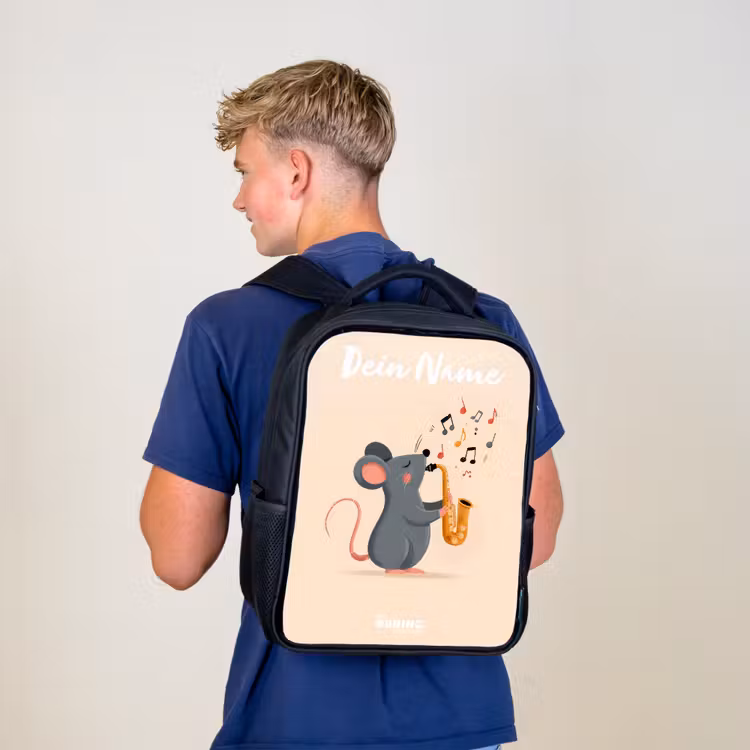 Kinderrucksack mit Namen - Schwarz - Maus - Saxophon - Musik — 3