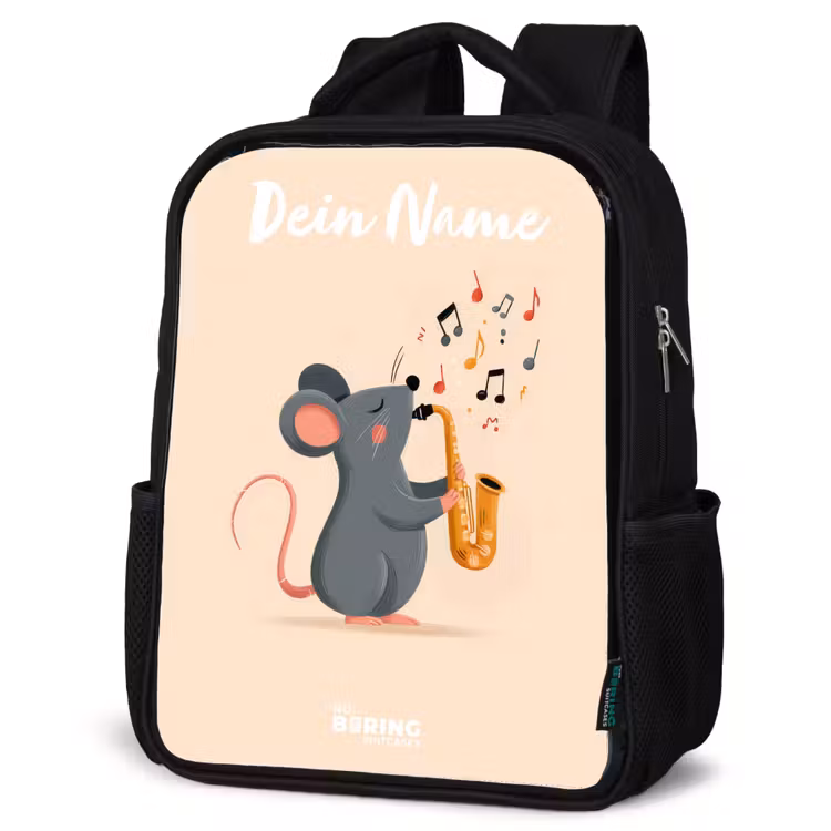 Kinderrucksack mit Namen - Schwarz - Maus - Saxophon - Musik — 4