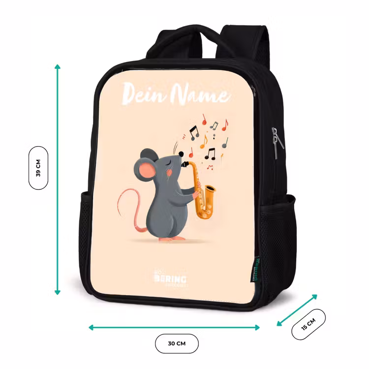 Kinderrucksack mit Namen - Schwarz - Maus - Saxophon - Musik — 6