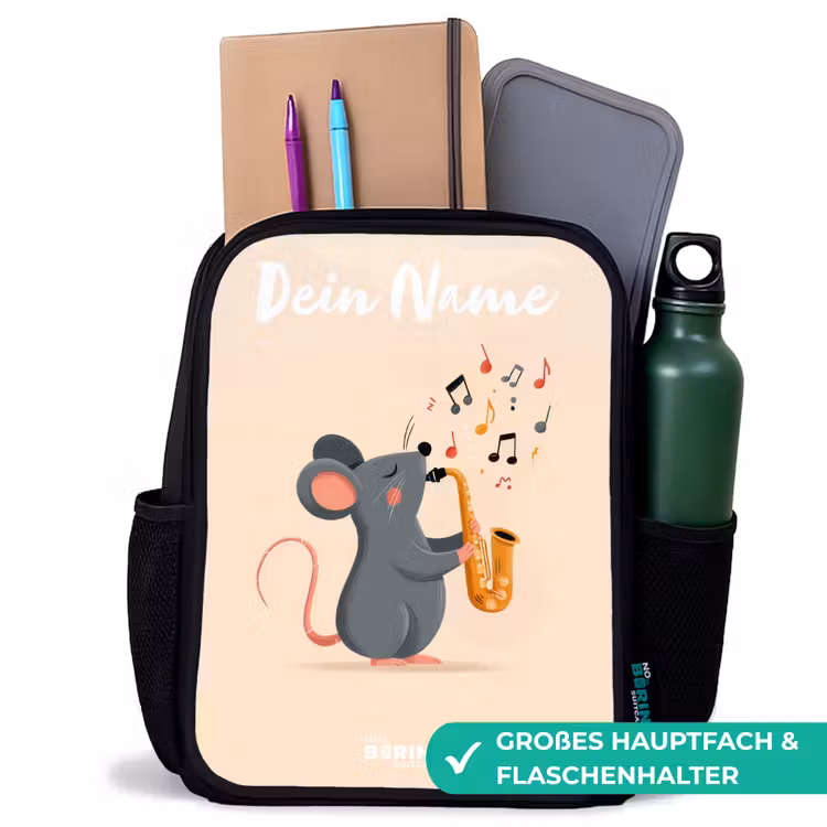 Kinderrucksack mit Namen - Schwarz - Maus - Saxophon - Musik — 8