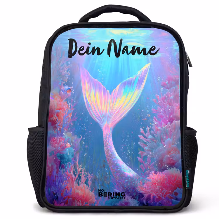 Kinderrucksack mit Namen - Schwarz - Meerjungfrau - Koralle - Wasser — 1