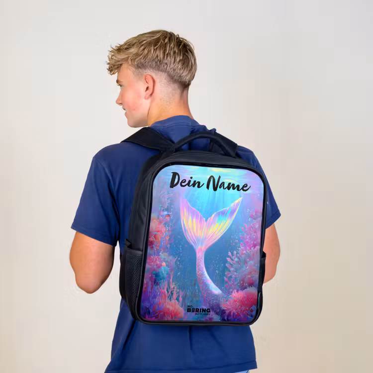 Kinderrucksack mit Namen - Schwarz - Meerjungfrau - Koralle - Wasser — 3