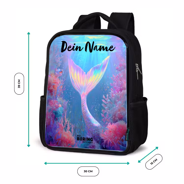 Kinderrucksack mit Namen - Schwarz - Meerjungfrau - Koralle - Wasser — 6