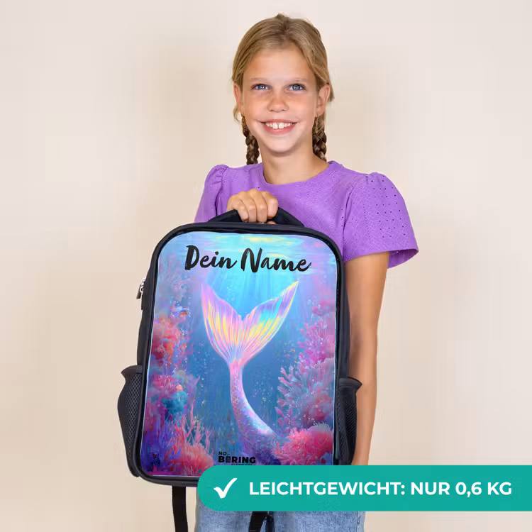 Kinderrucksack mit Namen - Schwarz - Meerjungfrau - Koralle - Wasser — 7